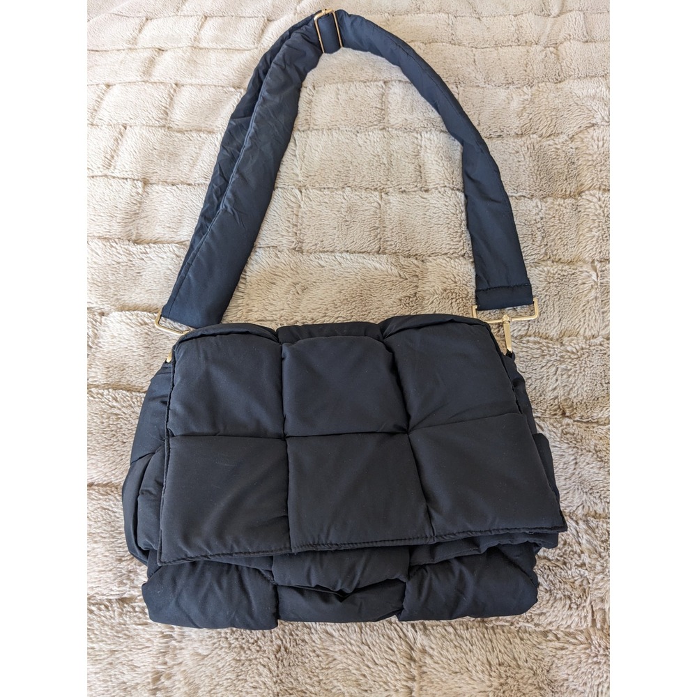 Black Puffy Quilted Crossbody Bag Padded Woven Flap Messenger Gold Hardware